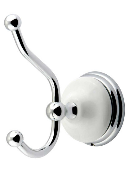 Cumberland Towel Hook with Brass and White Porcelain Rosette in Polished Chrome.